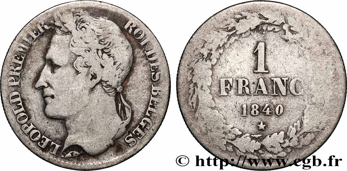 BELGIUM 1 Franc Léopold tête laurée 1840 VF/F