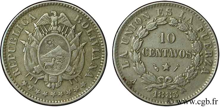 BOLIVIE 10 Centavos emblème de la Bolivie 1883 Paris SUP 