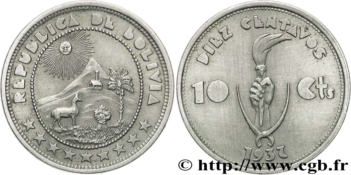BOLIVIE 10 Centavos emblème de la Bolivie / main tenant une torche 1937  SUP 