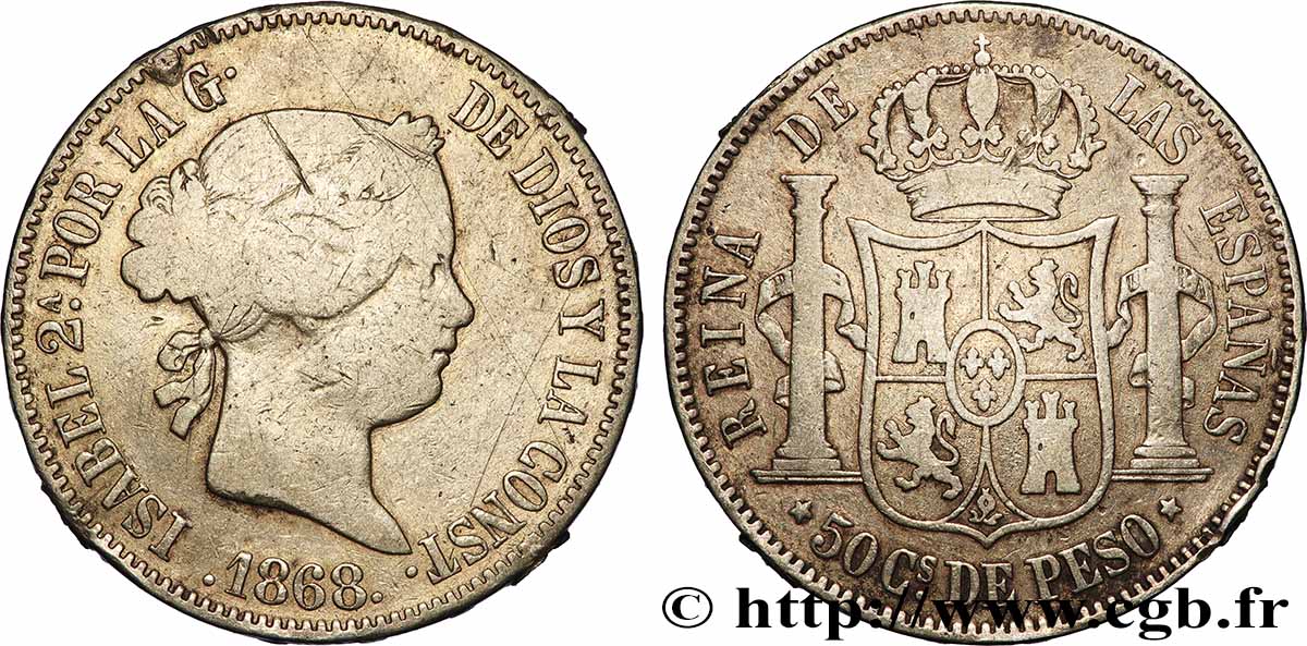 ESPAÑA 50 Centimos Isabelle II 1868 Madrid BC