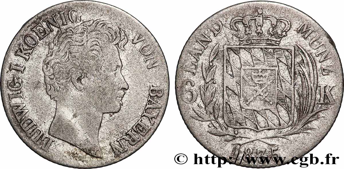 ALLEMAGNE - ROYAUME DE BAVIÈRE - LOUIS Ier 6 Kreuzer 1835 Munich TB+