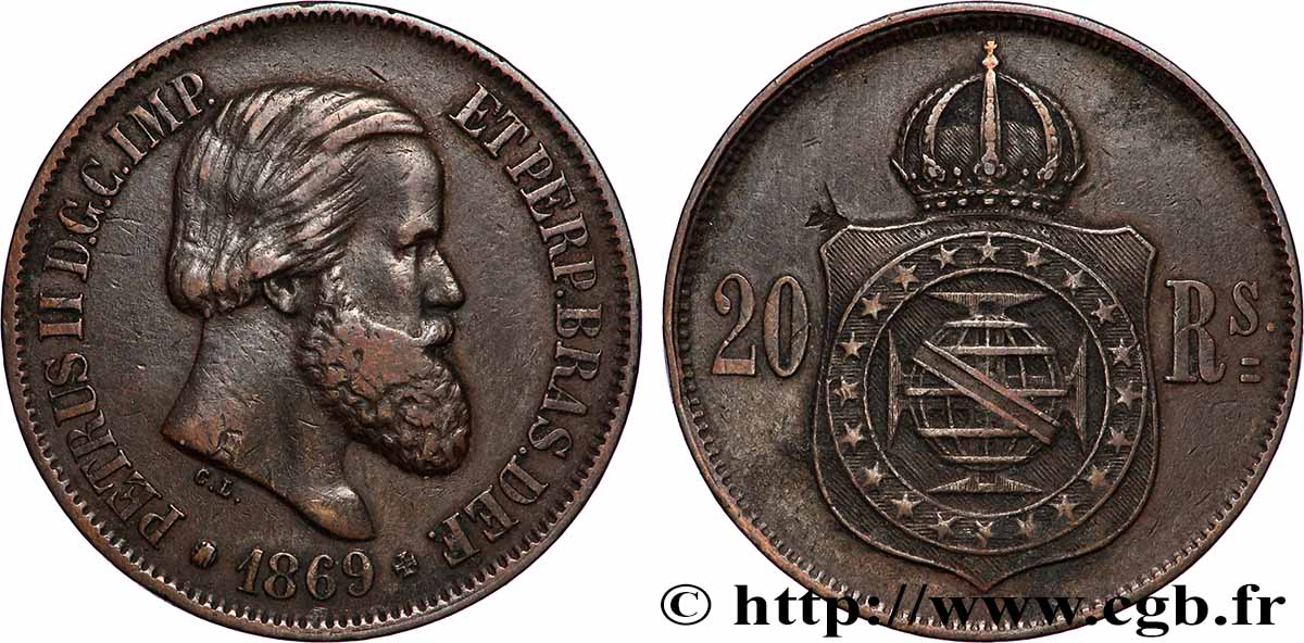 BRASILIEN 20 Réis Pierre II 1869 Rio de Janeiro SS