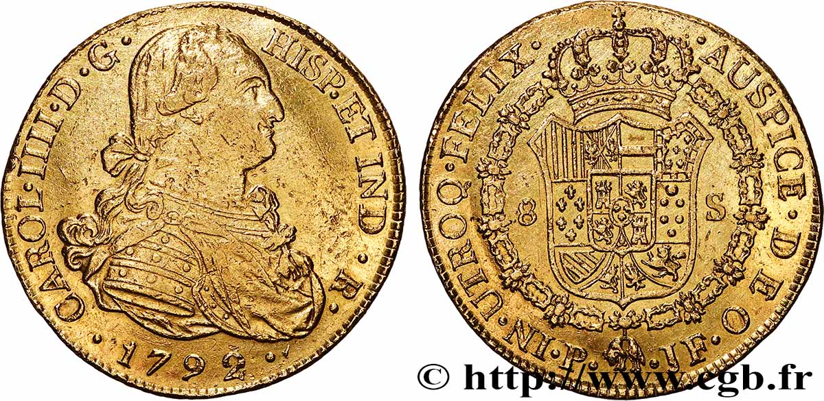 COLOMBIE - CHARLES IV 8 Escudos or 1792 Popayan TTB/TTB+