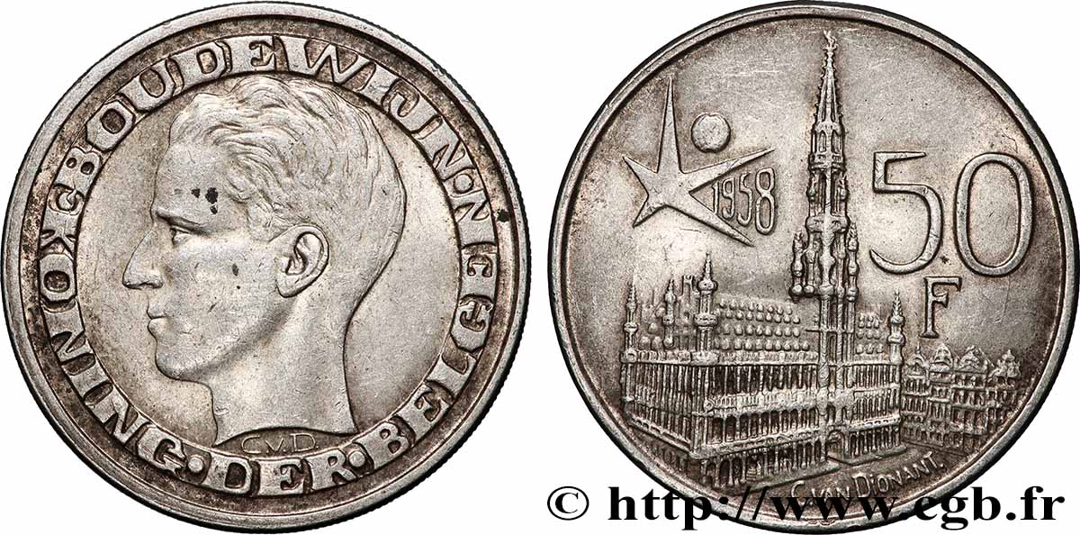 BELGIQUE 50 Francs Exposition Universelle de Bruxelles légende flamande 1958 TTB+