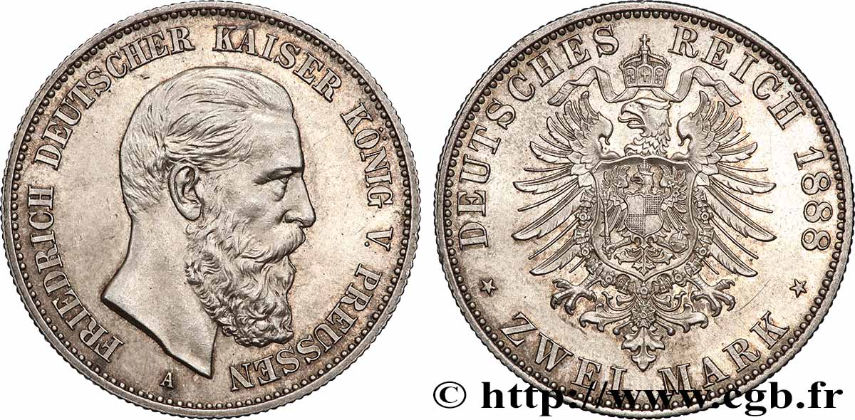 ALLEMAGNE - ROYAUME DE PRUSSE - FRÉDÉRIC III 2 Mark 1888 Berlin fST