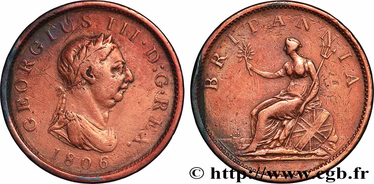 ROYAUME-UNI 1 Penny Georges III tête laurée 1806 Soho TB