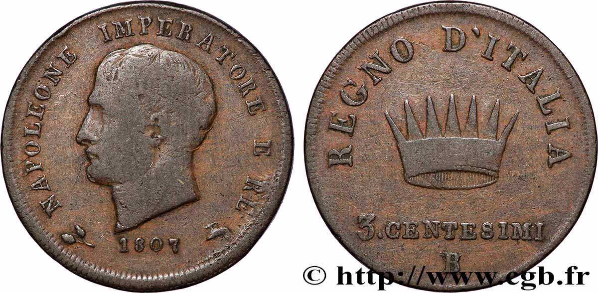 ITALY - KINGDOM OF ITALY - NAPOLEON I 3 Centesimi 1807 Bologne VF