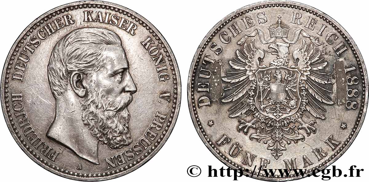 ALLEMAGNE - ROYAUME DE PRUSSE - FRÉDÉRIC III 5 Mark 1888 Berlin TTB+