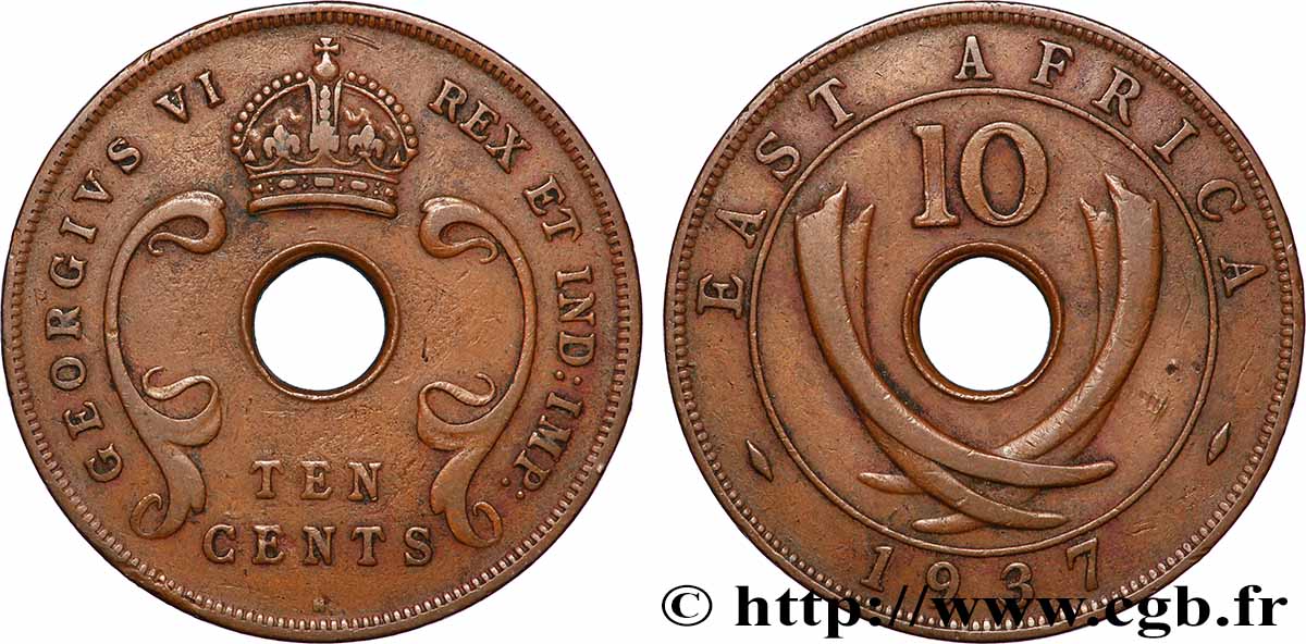EAST AFRICA (BRITISH) 10 Cents Georges VI 1937 Heaton XF