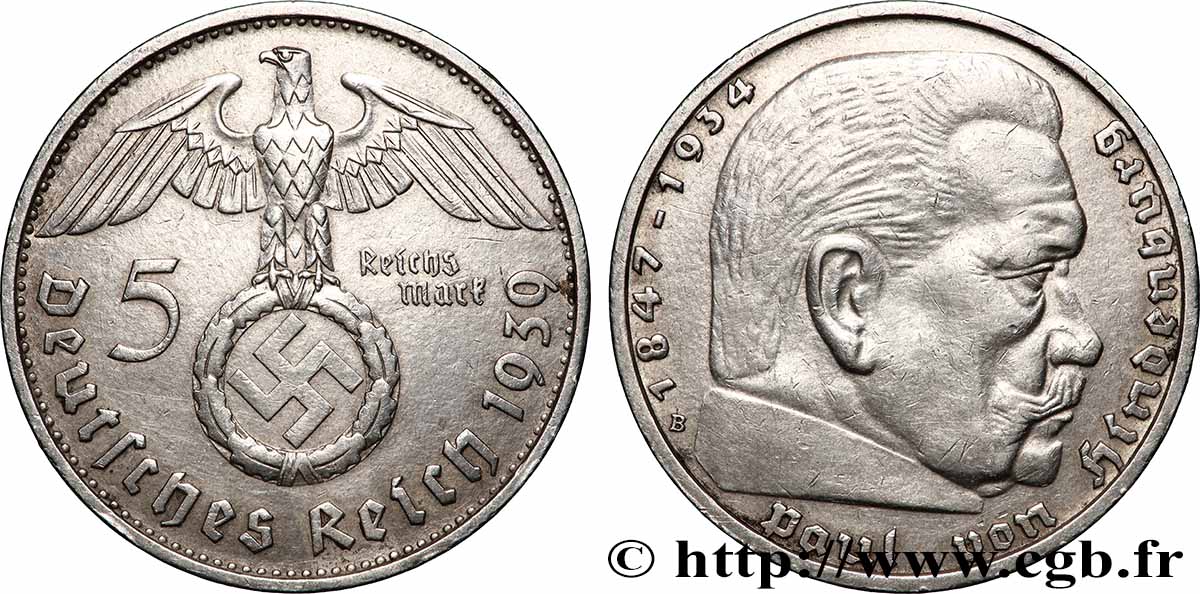 ALLEMAGNE 5 Reichsmark aigle / Maréchal Paul von Hindenburg 1939 Vienne TTB