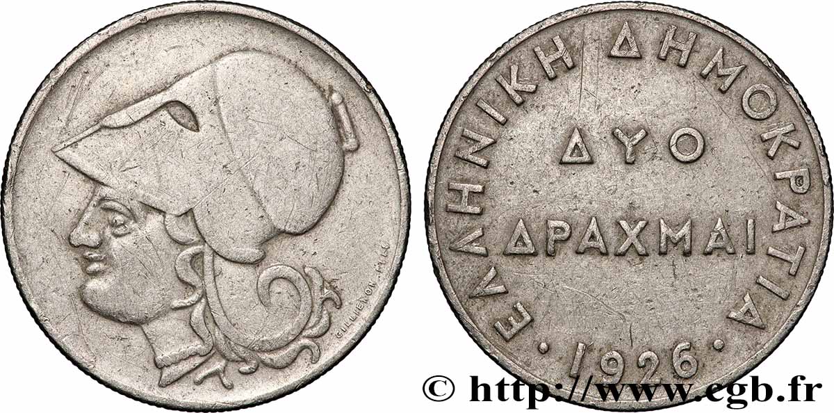 GRECIA 2 Drachmes Athéna 1926 BB