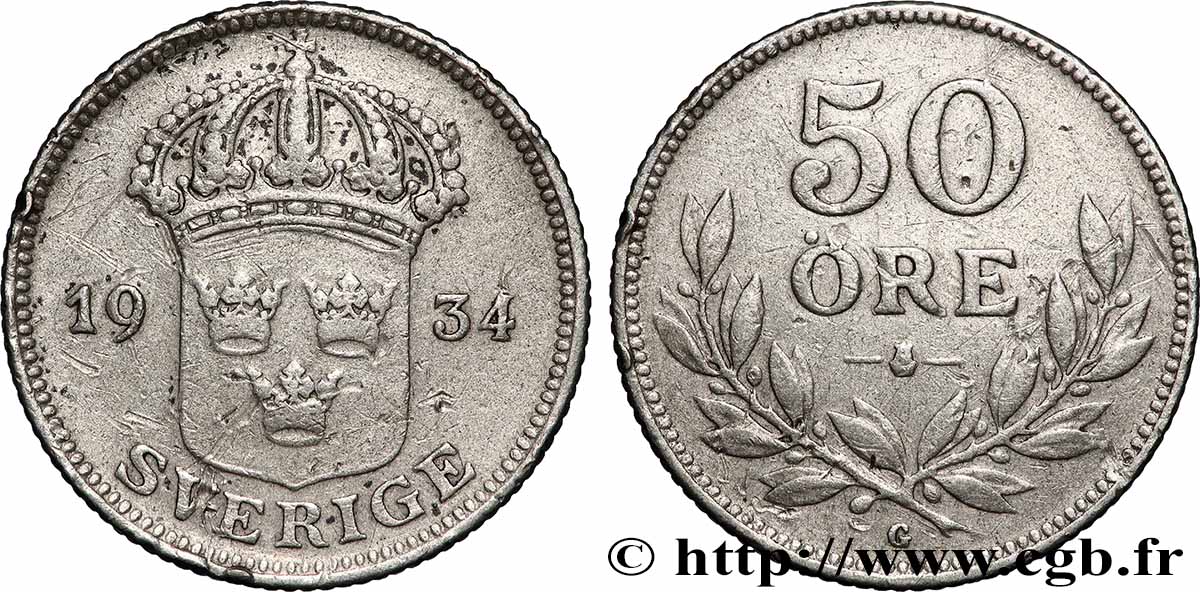 SWEDEN 50 Ore écu couronné 1934 Kungsholmen VF