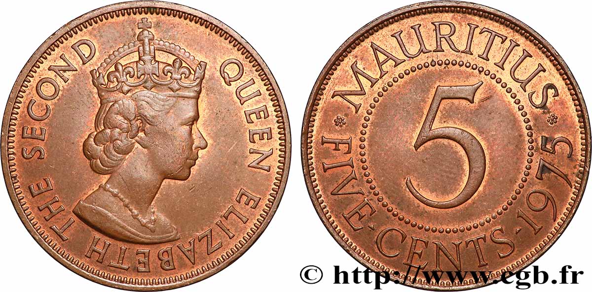 ÎLE MAURICE 5 Cents Elisabeth II 1975 Llantrisant TTB+