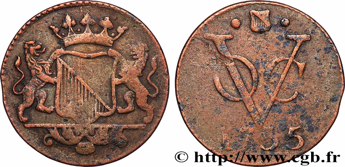 NETHERLANDS INDIES 1 Duit armes d’Utrecht / monogramme de la Verenigde Oost-Indische Compagnie (VOC) 1755 VF