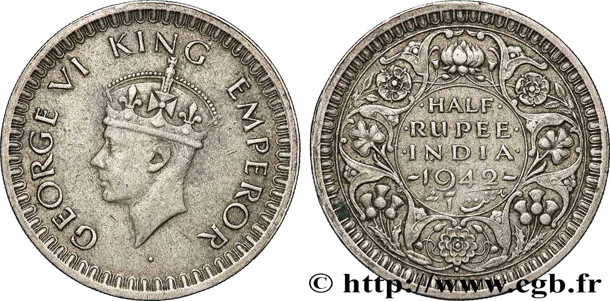 INDES BRITANNIQUES 1/2 Rupee (Roupie) Georges VI 1942 Bombay TTB