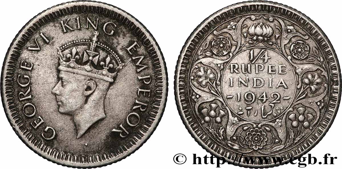 BRITISH INDIA 1/4 Rupee (Roupie) Georges VI couronné 1942 Calcutta XF