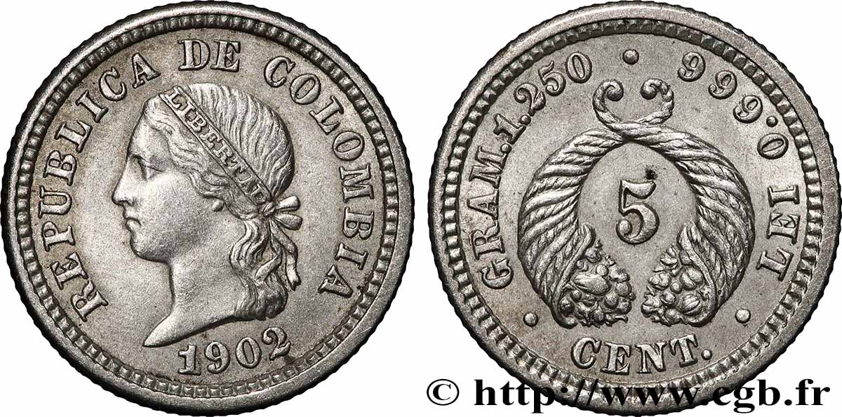 COLOMBIE 5 Centavos 1902 SUP