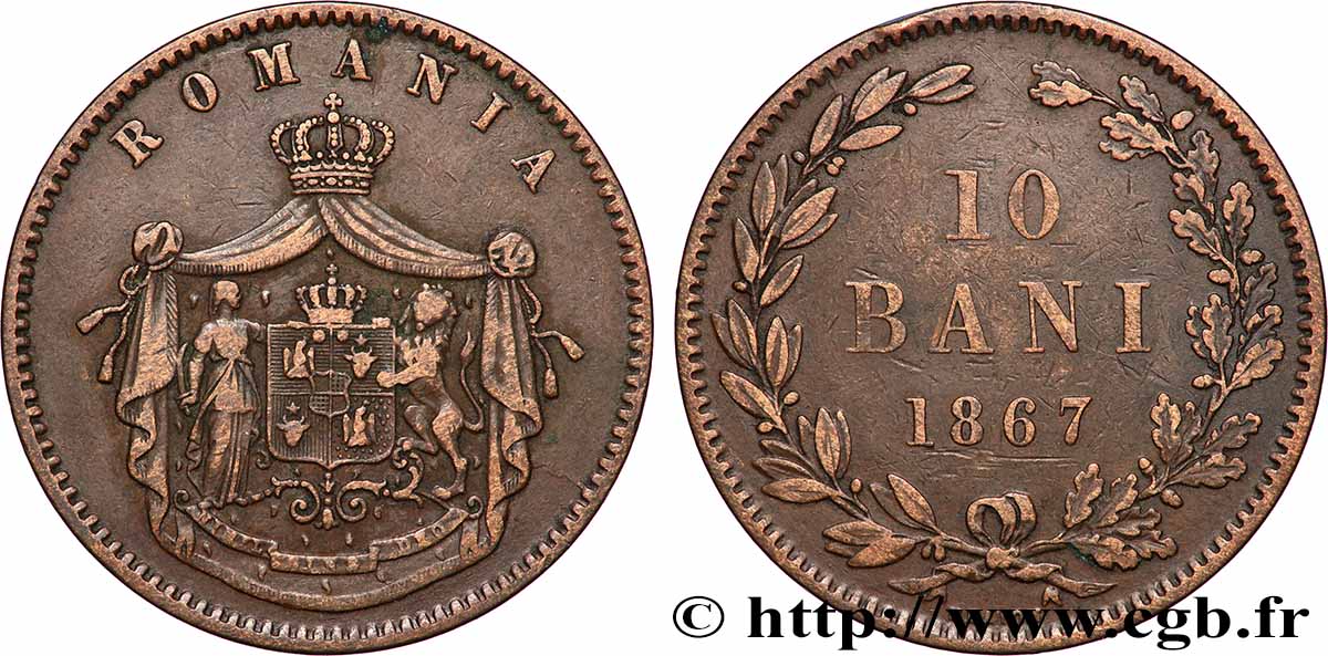 ROMANIA 10 Bani armes 1867 Heaton XF