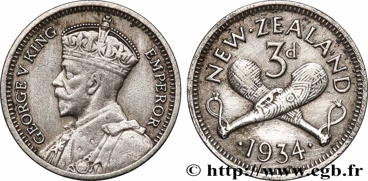 NOUVELLE-ZÉLANDE 3 Pence Georges V 1934 Londres TTB