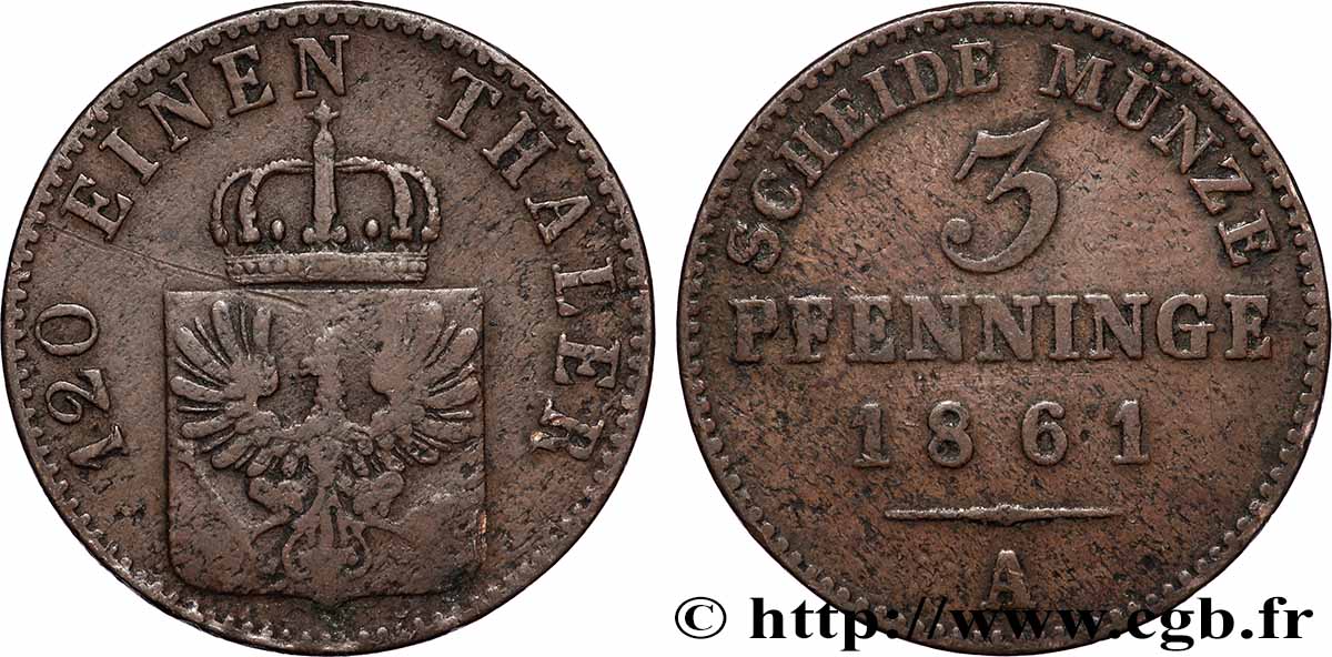ALLEMAGNE - PRUSSE 3 Pfenninge Royaume de Prusse 1861 Berlin TB+