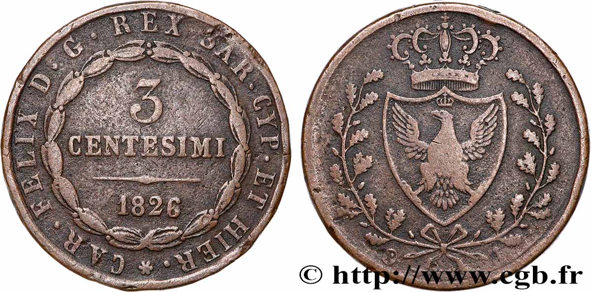 ITALY - KINGDOM OF SARDINIA 3 Centesimi Royaume de Sardaigne type au “P” 1826 Gênes VF