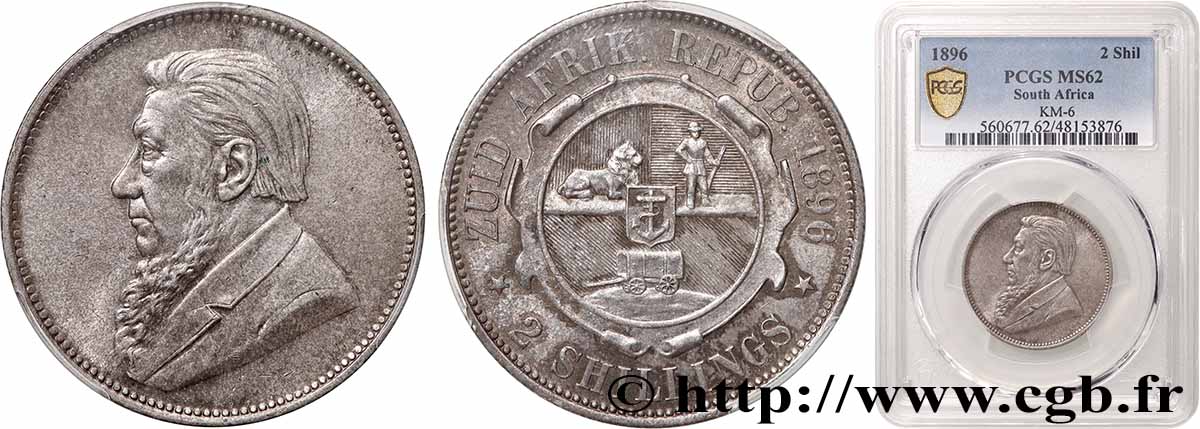 SOUTH AFRICA 2 Shillings Président Kruger 1896 MS62 PCGS