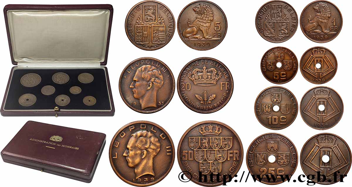 BELGIQUE Coffret 8 essais de 50, 20, 5 et 1 francs et de 50, 25, 10 et 5 centimes en bronze, flans mats 1935-1939 FDC