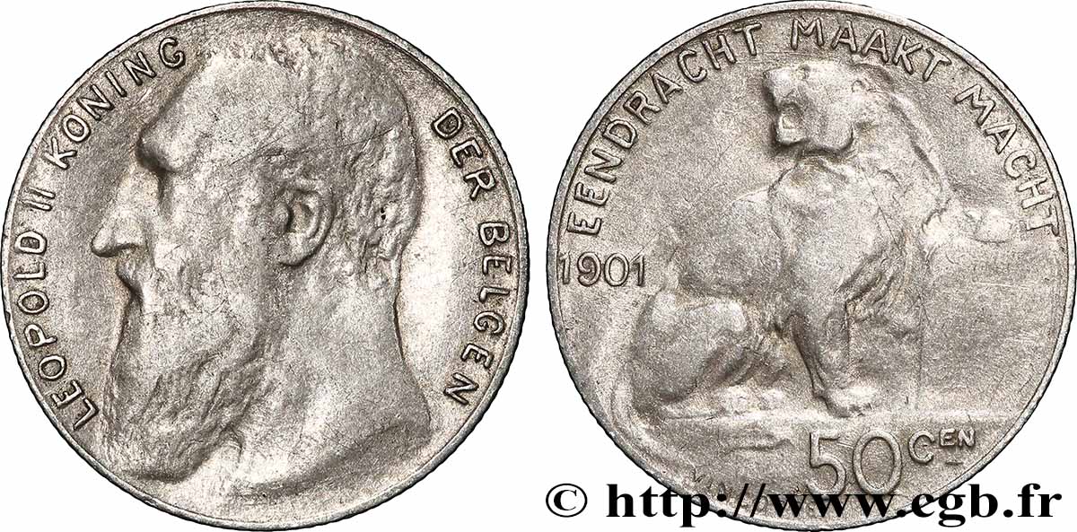 BELGIQUE 50 Centiemen (Centimes) Léopold II légende flamande 1901 Bruxelles TB+