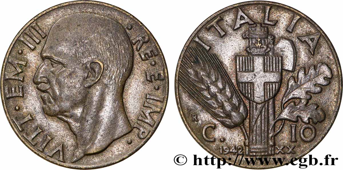 ITALY 10 Centesimi Victor-Emmanuel III an XX 1942 Rome - R XF