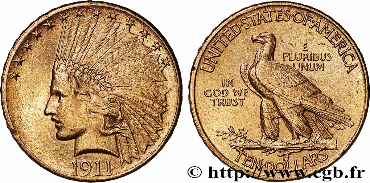 OR, PALLADIUM ET PLATINE INVESTISSEMENT 10 Dollars Indian Head , 2e type 1911 Philadelphie TTB+