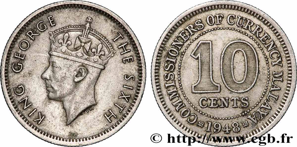 MALAYSIA 10 Cents Commission Monétaire de Malaisie Georges VI 1948 Londres AU