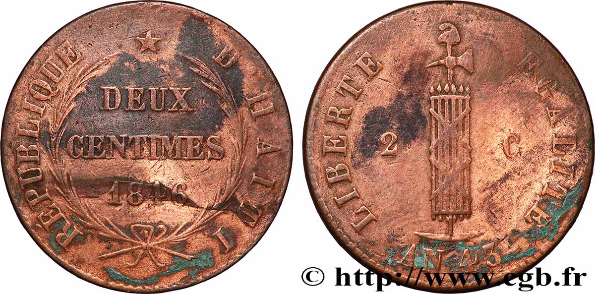 HAITI 2 Centimes faisceau, an 43 1846 q.BB