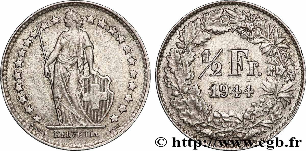 SVIZZERA 1/2 Franc Helvetia 1944 Berne BB