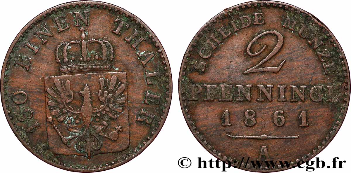 DEUTSCHLAND - PREUßEN 2 Pfenninge Royaume de Prusse 1861 Berlin SS