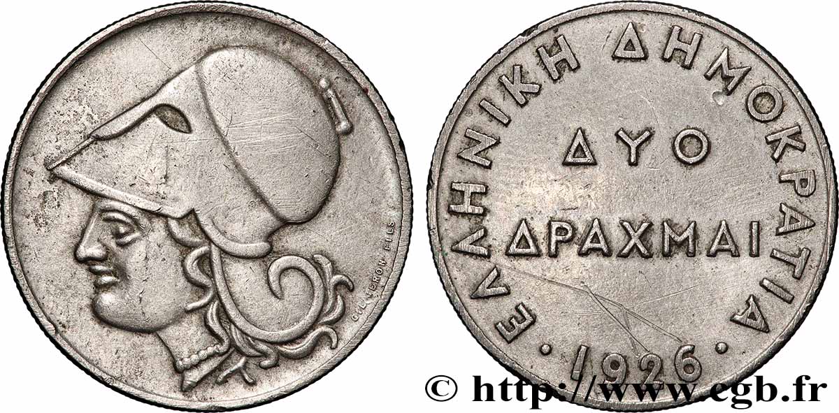 GREECE 2 Drachmes Athéna 1926 XF