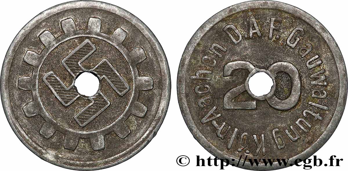 ALLEMAGNE - Notgeld 20 Pfennig Deutsche Arbeitsfront Köln-Aachen (monnaie percée) N.D. (1933-1944) TTB