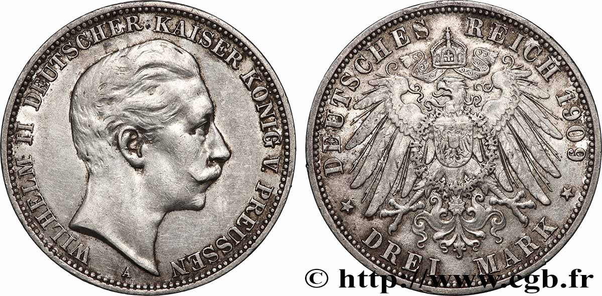 ALEMANIA - PRUSIA 3 Mark Guillaume II 1909 Berlin MBC