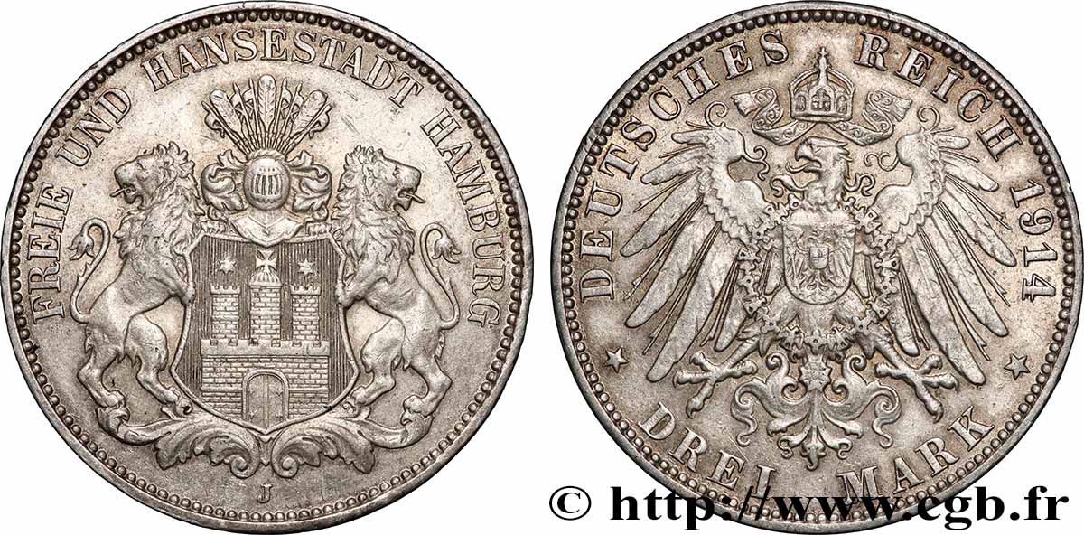 GERMANY - HAMBURG FREE CITY 3 Mark blason de Hambourg / aigle 1914 Hambourg - J XF