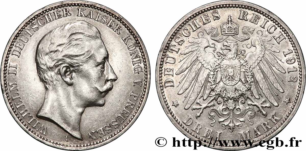 DEUTSCHLAND - PREUßEN 3 Mark Guillaume II 1912 Berlin fVZ