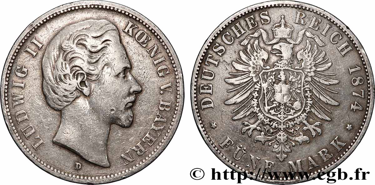 ALLEMAGNE - ROYAUME DE BAVIÈRE - LOUIS II 5 Mark 1874 Munich - D TB+