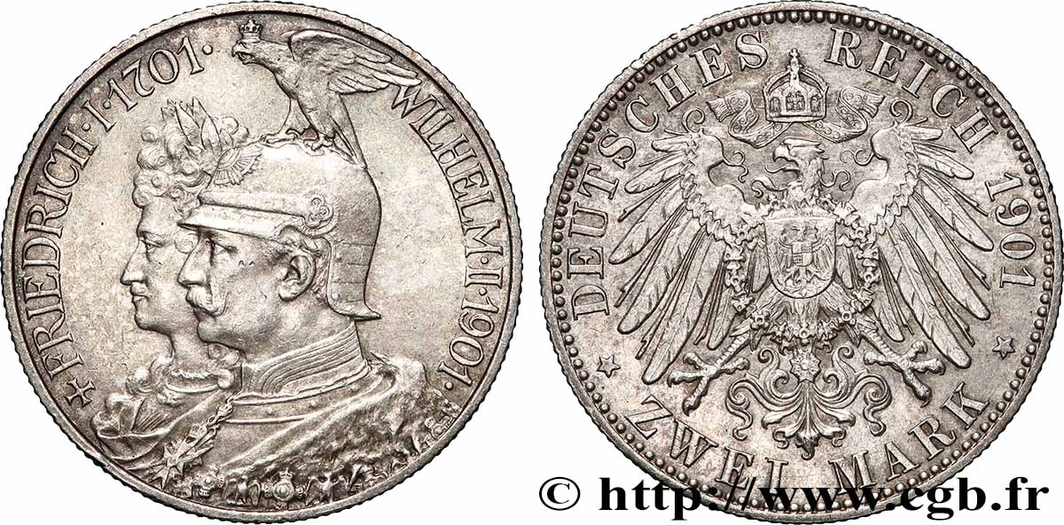 GERMANY - PRUSSIA 2 Mark Guillaume II 200e anniversaire de la Prusse 1901 Berlin AU