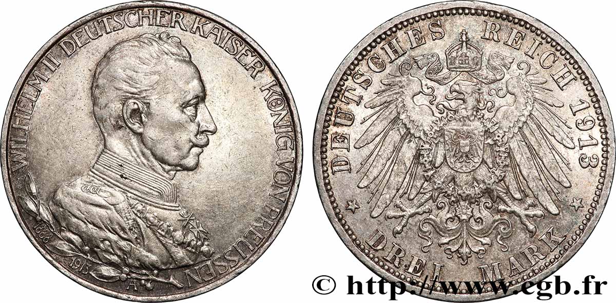 ALLEMAGNE - PRUSSE 3 Mark 25e anniversaire de règne de Guillaume II 1913 Berlin TTB+