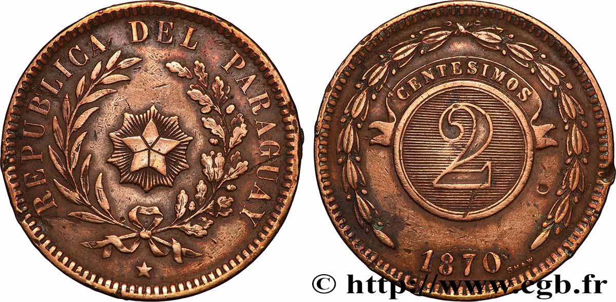 PARAGUAY 2 Centesimos 1870 Birmingham TB+