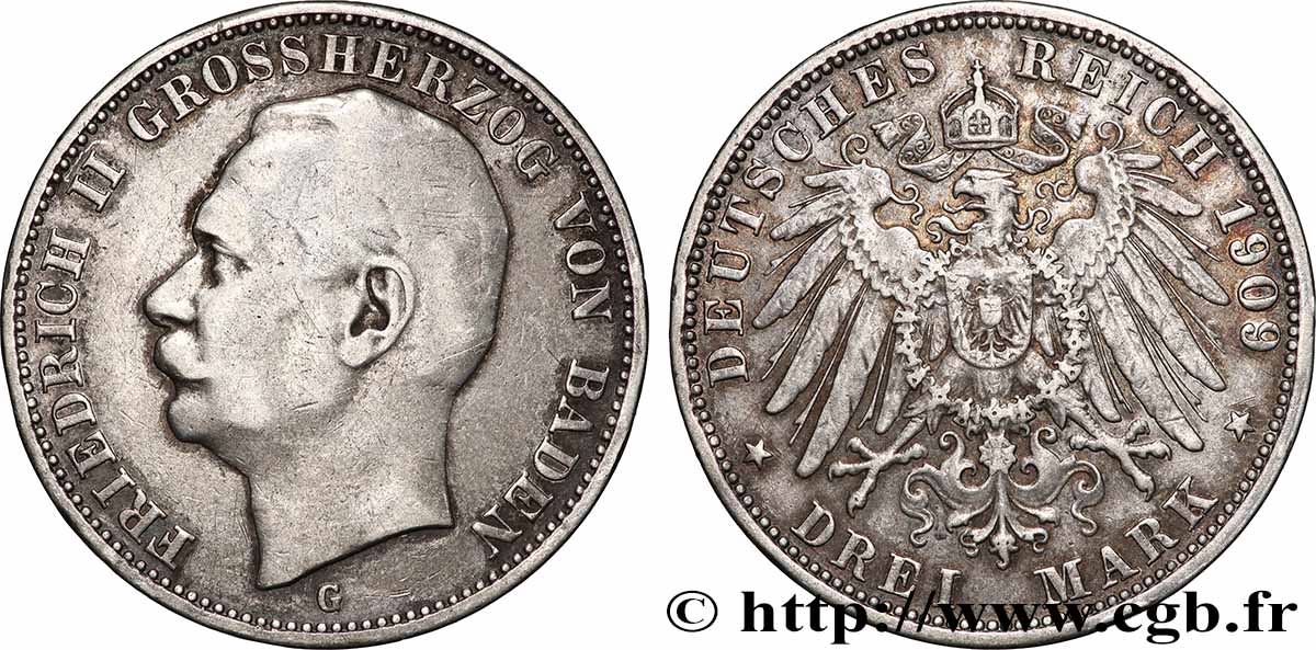 ALLEMAGNE - BADE 3 Mark Frédéric II 1909 Karlsruhe TTB