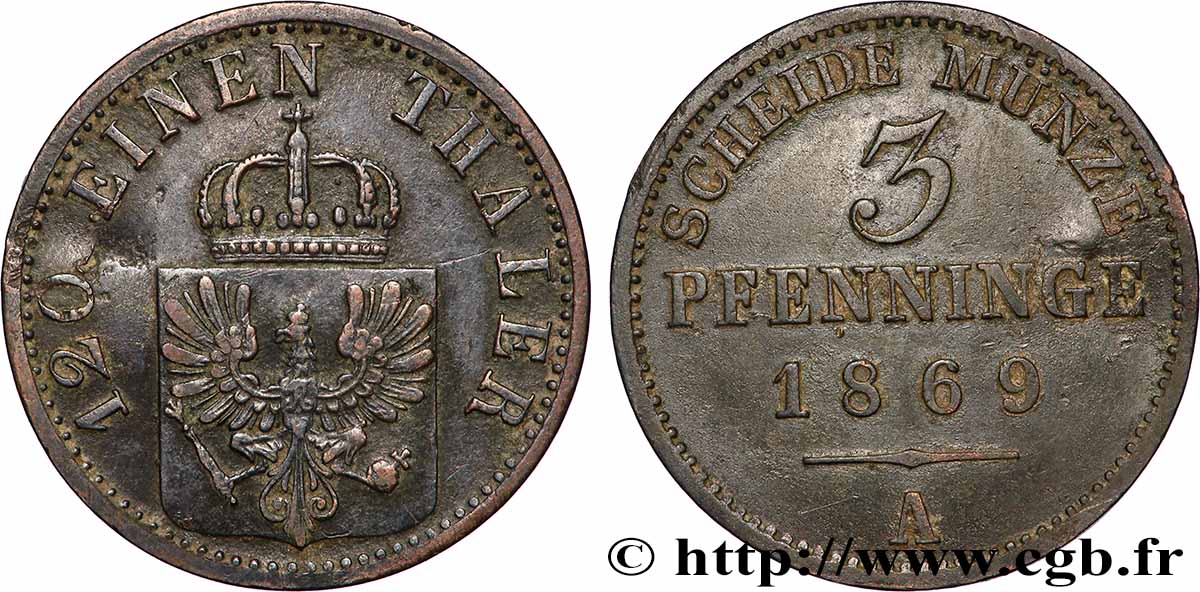 ALLEMAGNE - PRUSSE 3 Pfenninge Royaume de Prusse 1869 Berlin TTB