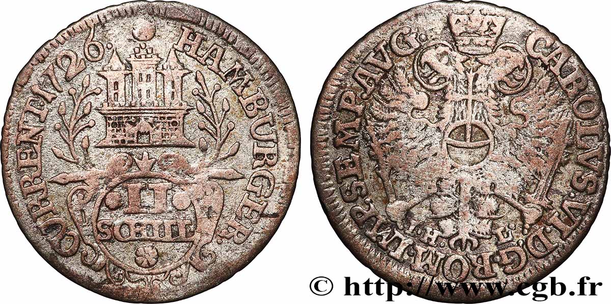 ALLEMAGNE - VILLE LIBRE DE HAMBOURG 2 (II) Schilling armes de la ville / aigle impérial 1726 Hambourg TTB