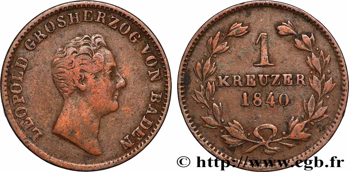 ALLEMAGNE - BADE 1 Kreuzer Léopold 1840 Karlsruhe TB+