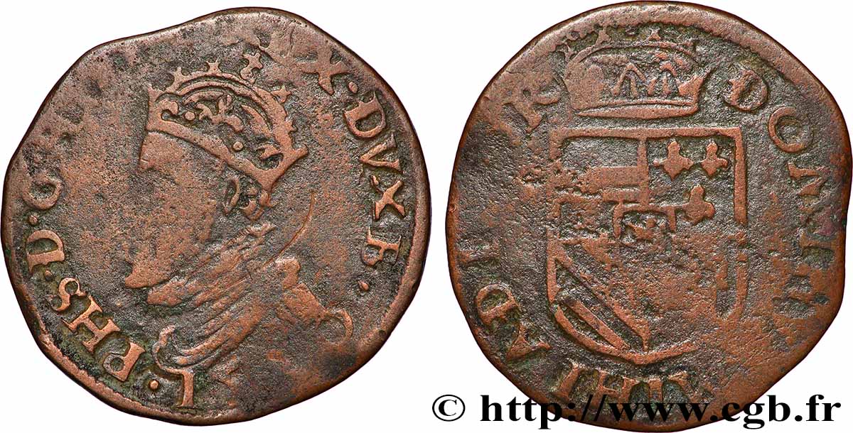 SPANISH NETHERLANDS - DUCHY OF BRABANT - PHILIP II Liard 1590 Maastricht VF