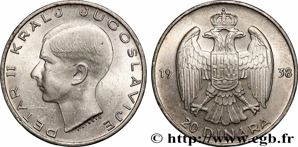 YOUGOSLAVIE 20 Dinara Pierre II 1938 Belgrade SUP