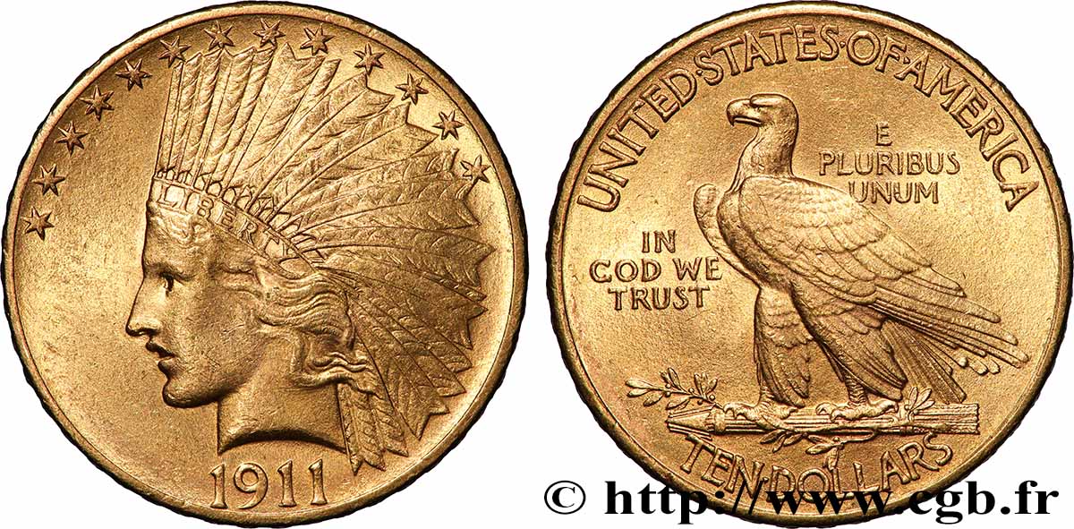 OR, PALLADIUM ET PLATINE INVESTISSEMENT 10 Dollars Indian Head , 2e type 1911 Philadelphie SUP